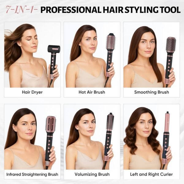 7 in 1 Professional Hair Styling Tool – Hot Air Brush Set, Multi-Styler and Blow Dryer Brush Straightening and Curling, Ionic & Infrared Tech, Cool Shot, 3 Heat & Speed Settings, Includes Travel Bag