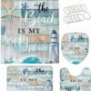 Chrainy 4Pcs Nautical Ocean Shower Curtain Sets Sea Wooden Bathroom Set Decor with Non-Slip Rugs Bath U-Shaped Mat Toilet Lid Cover Starfish Lighthouse Bathroom Curtain Shower Set with 12 Hooks