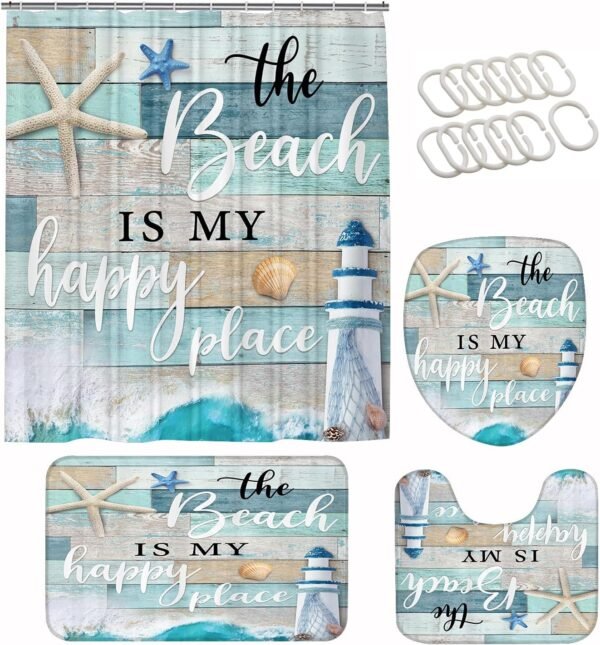 Chrainy 4Pcs Nautical Ocean Shower Curtain Sets Sea Wooden Bathroom Set Decor with Non-Slip Rugs Bath U-Shaped Mat Toilet Lid Cover Starfish Lighthouse Bathroom Curtain Shower Set with 12 Hooks