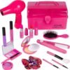 PixieCrush Kids Makeup Kit - Play Hair Styling and Pretend Beauty Set with Hair Dryer and Flat Iron - Fake Makeup for Girls Ages 3-10 - Comes in a Pink Carrying Case