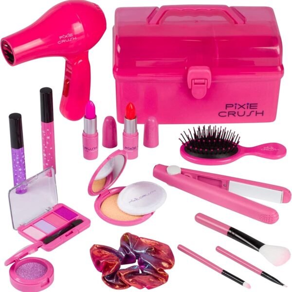 PixieCrush Kids Makeup Kit - Play Hair Styling and Pretend Beauty Set with Hair Dryer and Flat Iron - Fake Makeup for Girls Ages 3-10 - Comes in a Pink Carrying Case