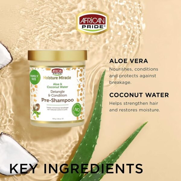 African Pride Moisture Miracle Pre-Shampoo Hair Detangler with Aloe & Coconut Water | Minimizes Breakage, Hydrates & Strengthens | Pre-Poo Treatment for Natural Coils & Curls | 18 oz.