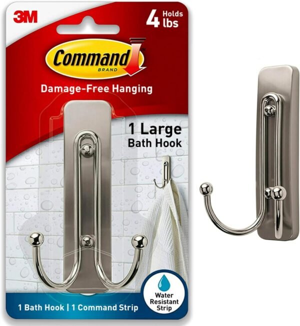 Command Large Double Bathroom Wall Hook, Damage Free Hanging Bath Hook with Adhesive Strip, Double Hook for Hanging Bath Towels, 1 Satin Nickel Colored Wall Hook and 1 Water-Resistant Command Strip