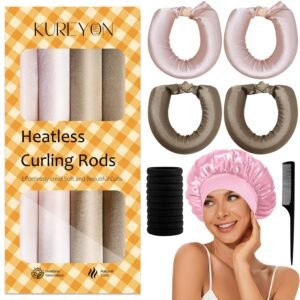 81nmO0IKE5L._SL1500_.jpg Satin Heatless Hair Curler, 16 Piece Set, Overnight Heatless Curls, Not easy to slip Heatless Curling Rod You Can Sleep In, Soft Silk DIY Hair Styling Tools Kit, Silk Bonnet for Sleeping-Khaki