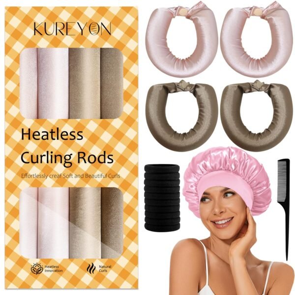 81nmO0IKE5L._SL1500_.jpg Satin Heatless Hair Curler, 16 Piece Set, Overnight Heatless Curls, Not easy to slip Heatless Curling Rod You Can Sleep In, Soft Silk DIY Hair Styling Tools Kit, Silk Bonnet for Sleeping-Khaki