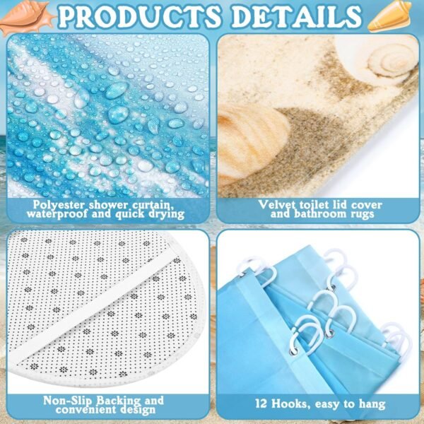 8 Pcs Summer Beach Shower Curtain Set Bathroom Decor Sea Ocean Waterproof Bathroom Accessories Shower Curtain Sets with Towels Carpet Bath Mat Toilet Rugs and 12 Hooks