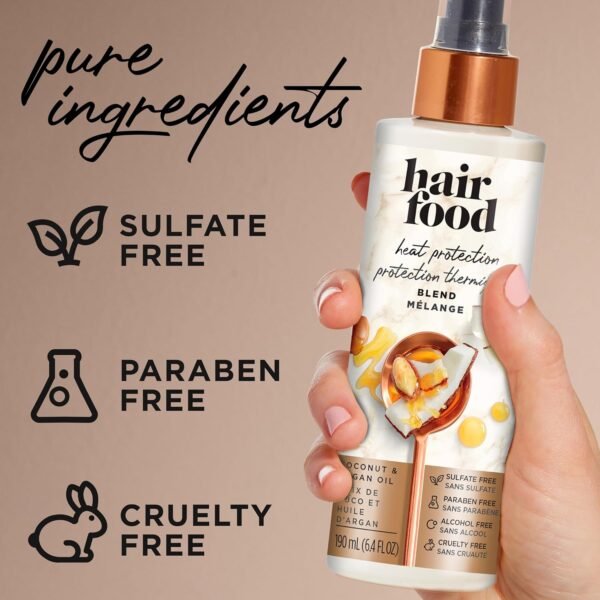 Hair Food Coconut & Argan Oil Heat Protectant Leave-In Spray for All Hair Types, 450°F Heat Protection, Sulfate-Free, Paraben-Free, Dye-Free, Alcohol-Free, Adds Shine, 6.4 Fl Oz