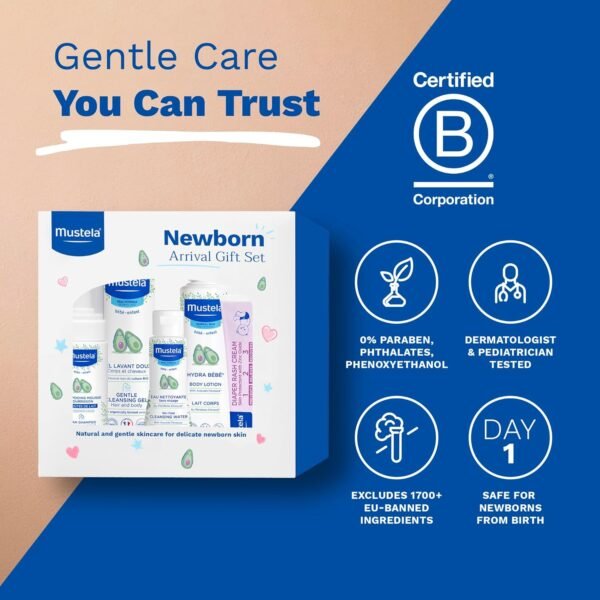 Mustela Newborn Arrival Gift Set - Baby Skincare & Bath Time Essentials - Natural & Plant Based - 5 Items Set