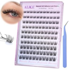 ALICE Self Adhesive Lashes Natural Look Clusters No Glue Needed Wispy Reusable Press on Lashes Pre-Glue 8-14mm 120pcs C Curl With Lash Tweezers