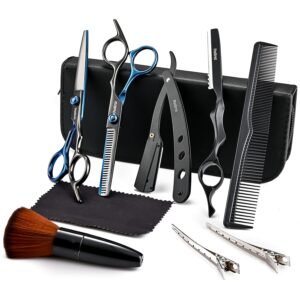 81o4OXVBE6L._SL1500_.jpg Barber Hair Cutting Scissors Set, Fozirut Professional Haircut Scissors Thinning Shears Straight Edge Razor Barber Accessories Hair Trimming Kit, Hairdresser Tools Haircutting Shears Pro for Men Women