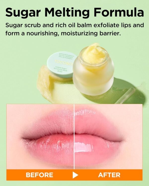 81oEBeymzeL._SL1500_.jpg TOCOBO Lemon Sugar Lip Mask – Korean Vegan Lip Scrub & Overnight Exfoliating Treatment for Dry, Chapped Lips – Hydrating, Plumping, Smoothing – Glazed Balm Texture, Non-Sticky, 0.68oz