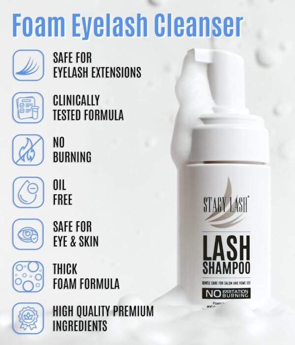 81oNCqowB1L._SL1500_.jpg STACY LASH Eyelash Extension Shampoo + Brush / 1.69 fl.oz / 50ml / Eyelid Foaming Cleanser/Wash for Extensions & Natural Lashes/Safe Makeup Remover/Supplies for Professional & Home Use