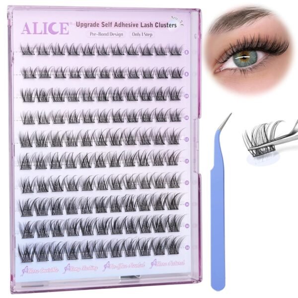 81oh0Ug4lwL._SL1500_.jpg ALICE Self Adhesive Lashes Natural Look Clusters No Glue Needed Wispy Reusable Press on Lashes Pre-Glue 8-14mm 120pcs C Curl With Lash Tweezers