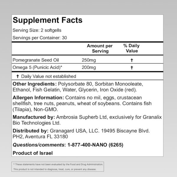 Nano Pomegranate Supplement CLINICALLY Proven Brain Supplement with Anti Aging, Nanotech Delivers 100 Times The Power of Pomegranate Seed Oil in its Natural Form, 1 Bottle 60ct