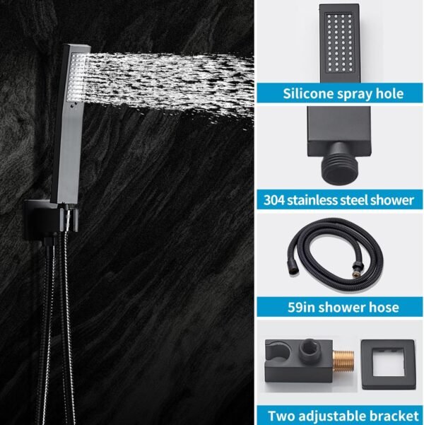 Matte Black Faucet Set Shower Head with Tub Spout and Handle System Square Wall Mount for Bathroom