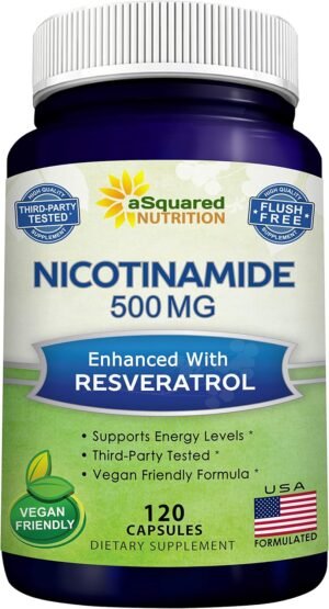 aSquared Nutrition Nicotinamide with Resveratrol - 120 Veggie Capsules - Vitamin B3 500mg (Niacinamide Flush Free) - Supplement Pills to Support NAD, Skin Cell Health & Energy