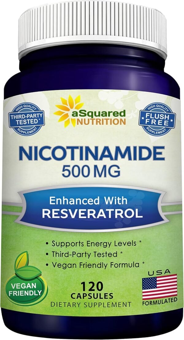 81pDJ5sEczL._AC_SL1500_.jpg aSquared Nutrition Nicotinamide with Resveratrol - 120 Veggie Capsules - Vitamin B3 500mg (Niacinamide Flush Free) - Supplement Pills to Support NAD, Skin Cell Health & Energy