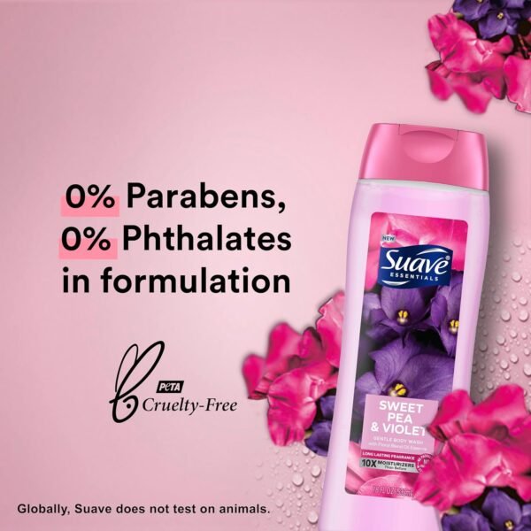 Suave Moisturizing Body Wash, with Sweet Pea Violet and Vitamin E Extract, No Parabens, No Phtahaltes, 18 Fl Oz (Pack of 6)