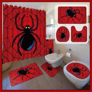 Nuanchu 6 Pcs Spider Shower Curtain Set with Bath Mat U Shaped Mat Toilet Cover 2 Bath Towels and 12 Hooks Red Bathroom Decor Spider Bathroom Set, 71 x 71 Inch