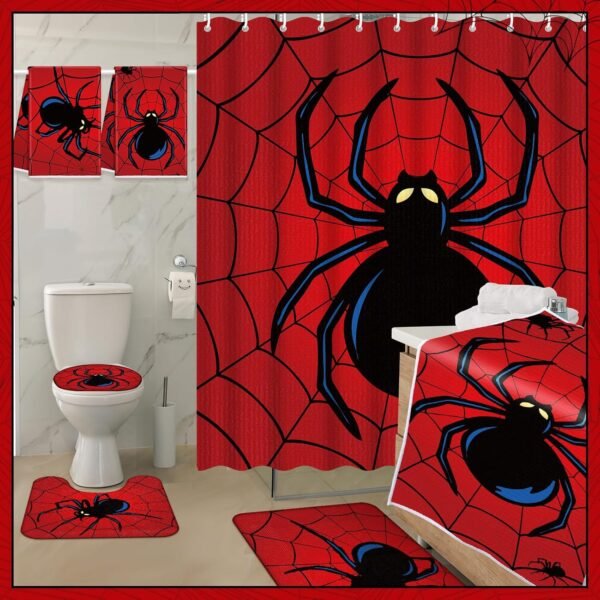 Nuanchu 6 Pcs Spider Shower Curtain Set with Bath Mat U Shaped Mat Toilet Cover 2 Bath Towels and 12 Hooks Red Bathroom Decor Spider Bathroom Set, 71 x 71 Inch