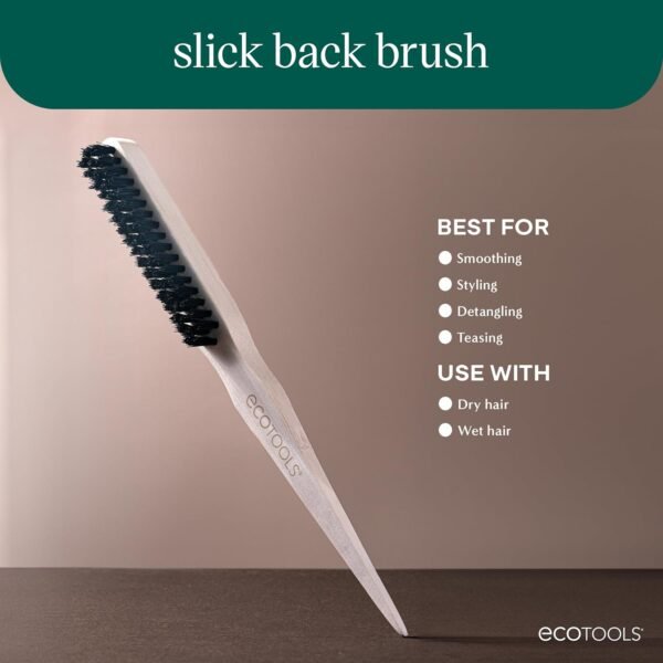 81qV8jL5rtL._SL1500_.jpg EcoTools Slick Back Hairbrush, Small Brush For The Perfect Ponytail Or Bun, Tease, Smooth, & Style Hair, Tame Frizz & Flyaways, Renewable Bamboo Handle & Vegan Boar Bristles, Cruelty-Free, 1 Count