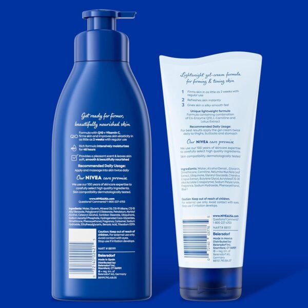 NIVEA Nourishing Hydration Skin Firming Body Lotion (16.9 Fl Oz) + Skin Firming & Toning Body Gel Cream with Hyaluronic Acid (6.7 Oz), Enriched with Q10 and Vitamin C
