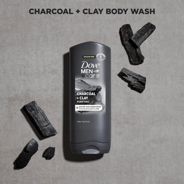 DOVE MEN + CARE Purifying Charcoal + Clay Body and Face Wash with 24-Hour Nourishing Micromoisture Technology Body Wash for Men, 13.5 oz
