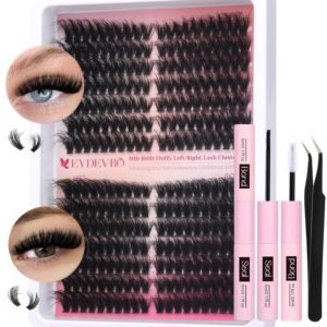 EYDEVRO Fluffy Lash Clusters Kit 80D100D Volume Lash Extension Kit 280 Pcs Left/Right Cluster Eyelash Extension Kit D Curl Thick Mega Lash Clusters with Waterproof Lash Bond and Seal and Lash Tweezers