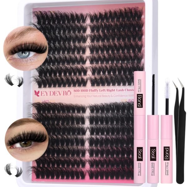 81r4PpO4-TL._SL1500_.jpg EYDEVRO Fluffy Lash Clusters Kit 80D100D Volume Lash Extension Kit 280 Pcs Left/Right Cluster Eyelash Extension Kit D Curl Thick Mega Lash Clusters with Waterproof Lash Bond and Seal and Lash Tweezers