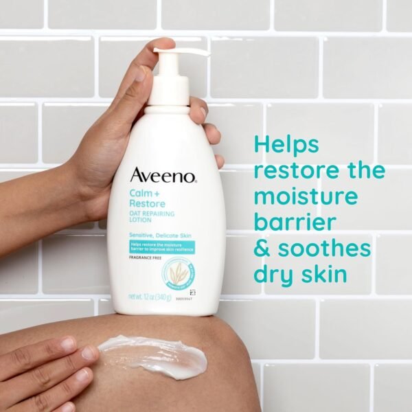 81rlrcabxCL._SL1500_.jpg Aveeno Calm + Restore Oat Repairing Body Lotion for Sensitive Skin, Daily Moisturizer with Prebiotic Oat, Aloe & Pro-Vitamin B5 Helps Restore Skin's Moisture Barrier, Fragrance Free, 12 oz