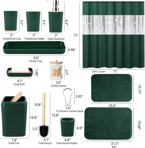 Dark Green Bathroom Sets with Shower Curtain and Rugs,Bathroom Sets Shower Curtain Set with Extra Soft and Absorbent Bathroom Rugs Green Bathroom Accessories