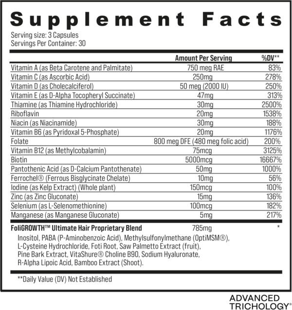 Advanced Trichology FoliGROWTH™ Hair Growth Supplement for Thicker Fuller Hair | Approved* by the American Hair Loss Association | Revitalize Thinning Hair - 90 Count (Pack of 1)