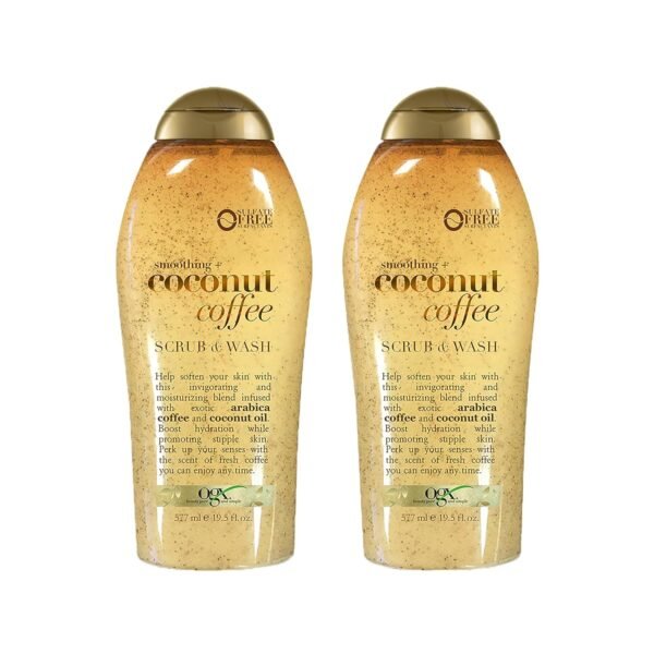 OGX Smoothing + Coconut Coffee Exfoliating Body Scrub with Arabica Coffee & Coconut Oil, Moisturizing Body Wash for Dry Skin, Paraben-Free with Sulfate-Free Surfactants, 19.5 Fl Oz, 2 Pack