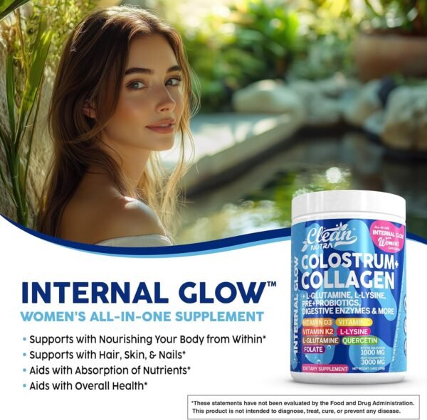 Bovine Colostrum+Collagen Peptides Powder| L-Glutamine L-Lysine Prebiotics Probiotics Digestive Enzymes Vitamin D K2 Vitamin C Quercetin & Folate|Gut Health Supplement Internal Glow By Clean Nutra (1)