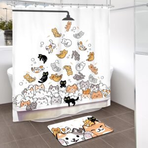 SVBright 2 PCS Shower Curtain Sets with Rug Cute Cat Kids Bathroom Set Nonslip Bathmat Quick Dry Funny Rubber Backed,Dirt Resistant,Bath Rug Mats Washroom Decor Shower Accessories 60Wx72H