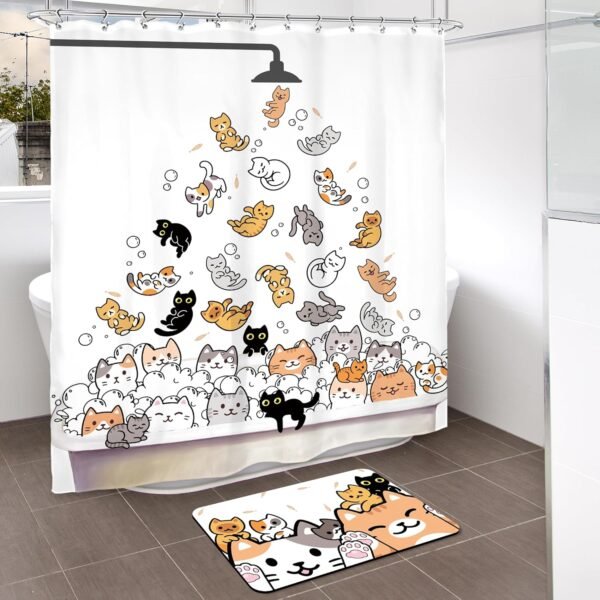 SVBright 2 PCS Shower Curtain Sets with Rug Cute Cat Kids Bathroom Set Nonslip Bathmat Quick Dry Funny Rubber Backed,Dirt Resistant,Bath Rug Mats Washroom Decor Shower Accessories 60Wx72H