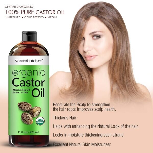 81tJQfmrf6L._SL1500_.jpg Natural Riches Organic Castor Oil - Cold Pressed, USDA Certified for Hair Growth, Thicker Eyelashes, Eyebrows - Moisturizes Dry Skin and Hair, Helps with Dandruff - Hexane-Free, 16 fl. oz.