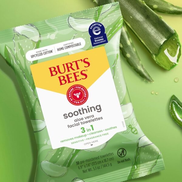 Burt's Bees Aloe Vera Face Wipes, for Sensitive Skin, Soothing Makeup Remover & Facial Cleansing Towelettes, 30 Ct. (3-Pack)