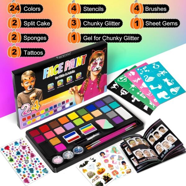 Face Painting Kit for Kids, 24 Colors Washable Face Paint, Safe for Sensitive Skin, Non-Toxic Professional Face Painting Kit, Halloween Birthdays Makeup Set with Stencils, Guide Book