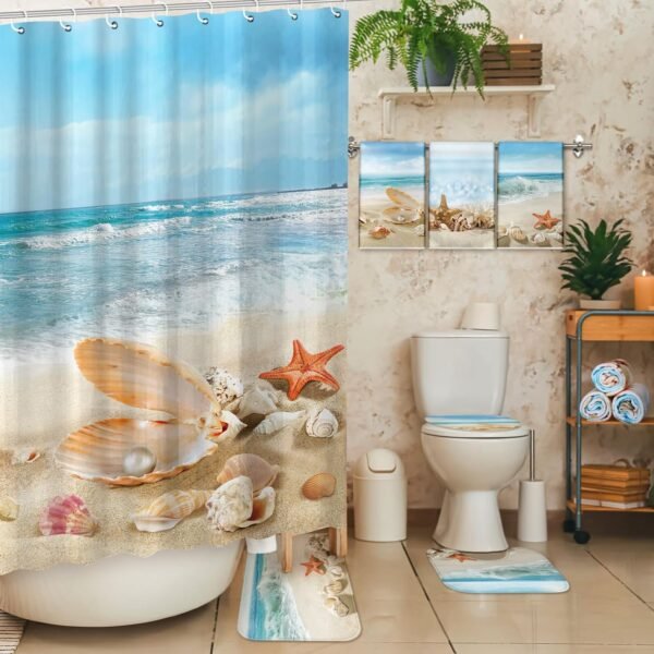 8 Pcs Summer Beach Shower Curtain Set Bathroom Decor Sea Ocean Waterproof Bathroom Accessories Shower Curtain Sets with Towels Carpet Bath Mat Toilet Rugs and 12 Hooks