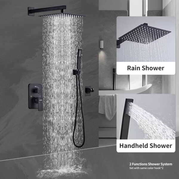 Shower System Black -10 Inch High Pressure Rain Shower Heads with Handheld Spray Combo Shower Faucet Set with Pressure Balanced Rough-in Valve, Wall Mount Bathroom Shower Set fit All Valve Types