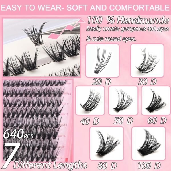 81vgbIkAGoL._SL1500_.jpg Lash Clusters Kit, 640 Pcs Eyelashes Clusters Extensions Kit 9-16mm Individual Lashes D Curl Flufffy Wispy False Eyelashes Thin Band, with Bond Seal Tweezers Brush DIY (30D+40D+50D+60D Kit 9-16mm)