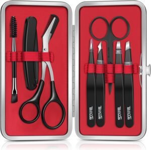 TsMADDTs Eyebrow Kit, 8 in 1 Eyebrow Trimmer Scissors, Tweezers for Women, Razor, Brush with Travel Bag, Tweezers Set for Women and Men, Professional Shaping Grooming Kit