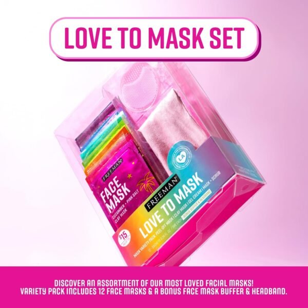 Freeman Facial Love To Mask Variety Pack: Oil Absorbing Clay, Detoxifying Charcoal, Clearing Peel Off, Hydrating Gel Cream, Exfoliating Scrub (14 Piece Kit with Bonus Buffer and Headband)