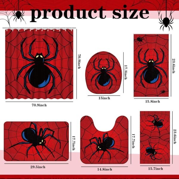 Nuanchu 6 Pcs Spider Shower Curtain Set with Bath Mat U Shaped Mat Toilet Cover 2 Bath Towels and 12 Hooks Red Bathroom Decor Spider Bathroom Set, 71 x 71 Inch