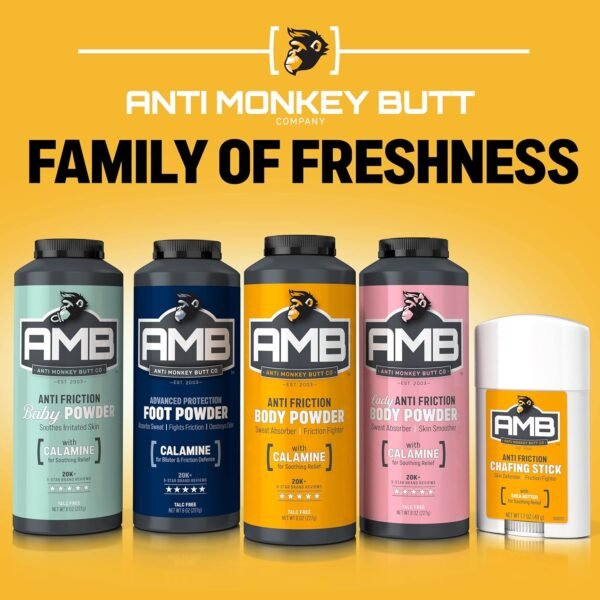 Anti Monkey Butt Body Powder for Women & Men - Anti-Chafing & Anti-Itch Foot Powder with Calamine - Absorbs Sweat & Fights Friction for Thighs, Arms, Chest - Talc-Free Hypoallergenic Formula - 8 oz