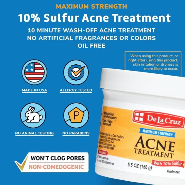 81xNSH1rXDL._SL1500_.jpg De La Cruz Sulfur Ointment - Cystic Acne Treatment for Face and Body - Daily 10 Min Spot Treatment Mask - Safe and Effective Game Changing Hormonal Acne Treatment That Clears Up Pimples 5.5 OZ.