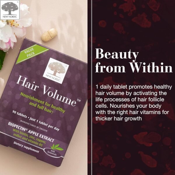 NEW NORDIC Hair Volume Tablets, 3000 mcg Biotin & Biopectin Apple Extract, Hair Vitamins to Support Natural Hair Growth, 90 Count (Pack of 1)