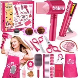 81xlsogk72L._AC_SL1500_.jpg G.C Girls Hair Salon Toys Kids Pretend Play Hair Styling Kit with Realistic Blow Dryer Straightener Stylist Apron Scissors Accessories Beauty Makeup Set Birthday Gifts for Toddler Girls 3 4 5 6+