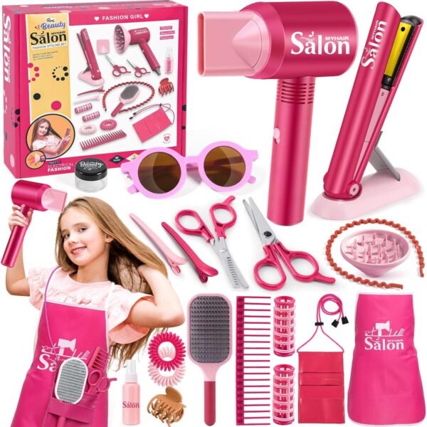 81xlsogk72L._AC_SL1500_.jpg G.C Girls Hair Salon Toys Kids Pretend Play Hair Styling Kit with Realistic Blow Dryer Straightener Stylist Apron Scissors Accessories Beauty Makeup Set Birthday Gifts for Toddler Girls 3 4 5 6+